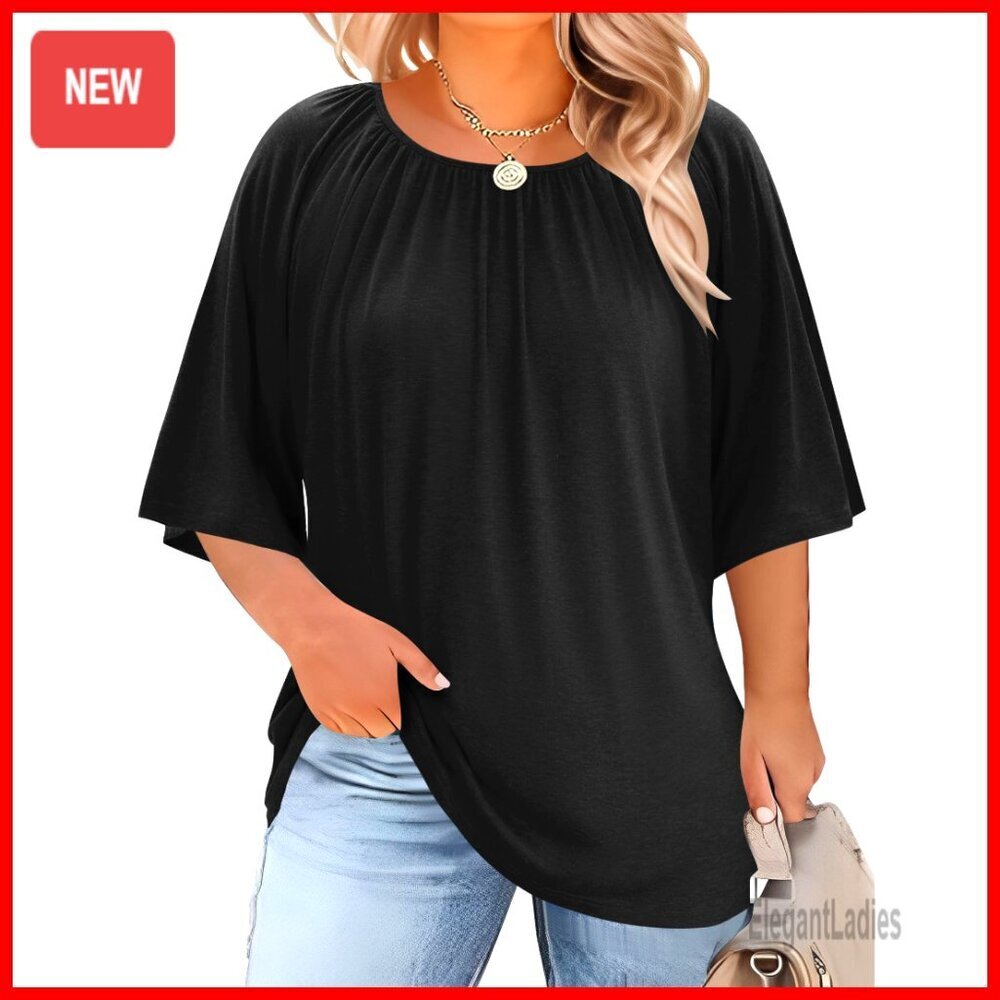 Plus Size 3/4 Sleeve Crewneck Tunic Top Loose Flowy Blouse 1X-5X